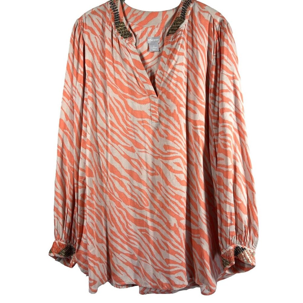Chico's Womens Tunic Top Blouse Large Embellished Orange Animal Print Semi Sheer